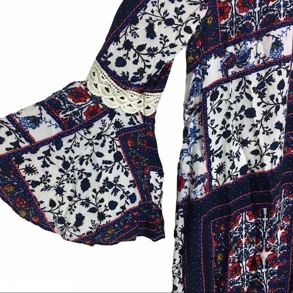 ENTRO Dress Patchwork Bell Sleeve Boho Prairie Peasant Hippie Gypsy Tunic Large - Picture 6 of 16